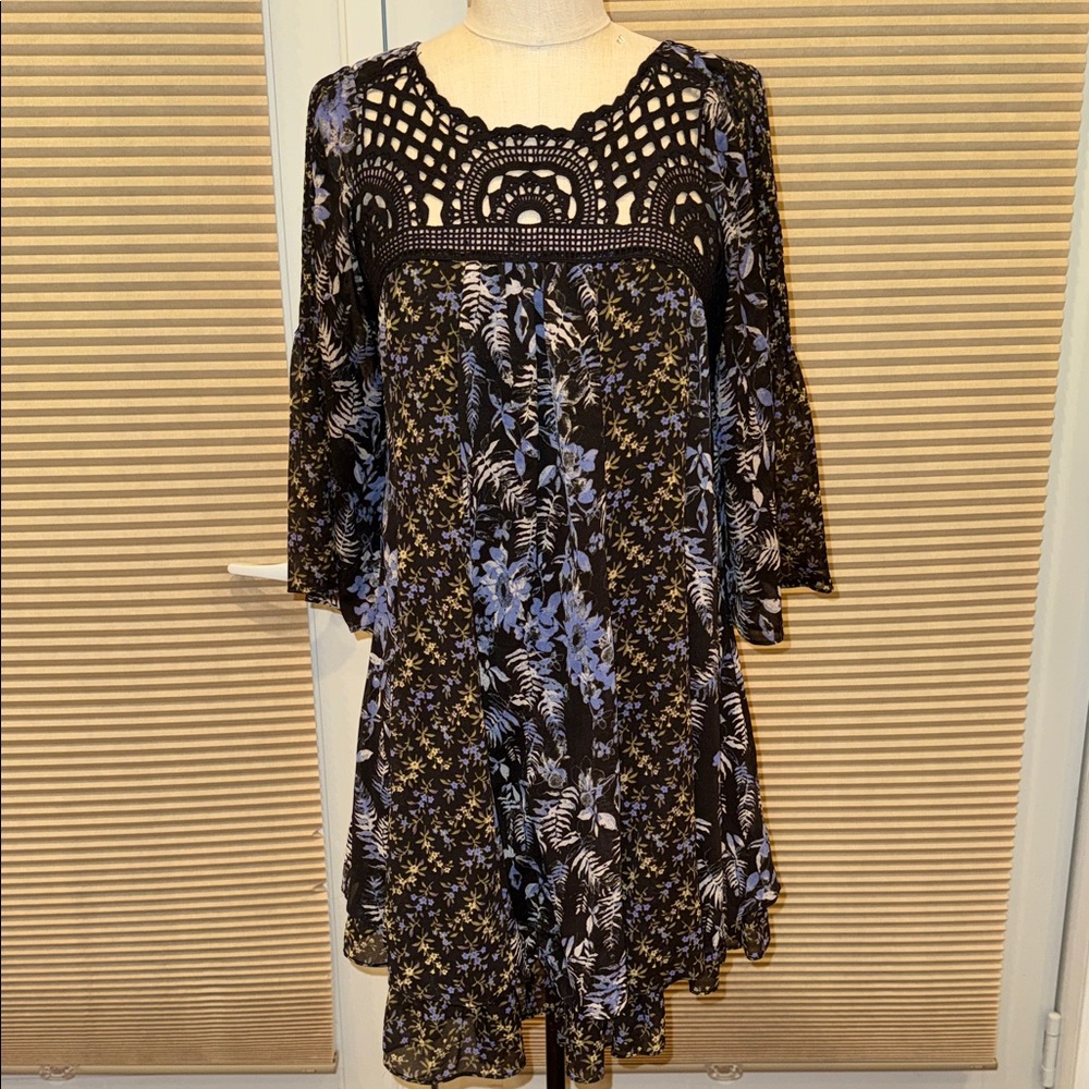 Free People Seamed Mixed Print Crochet Trim Mini Dress